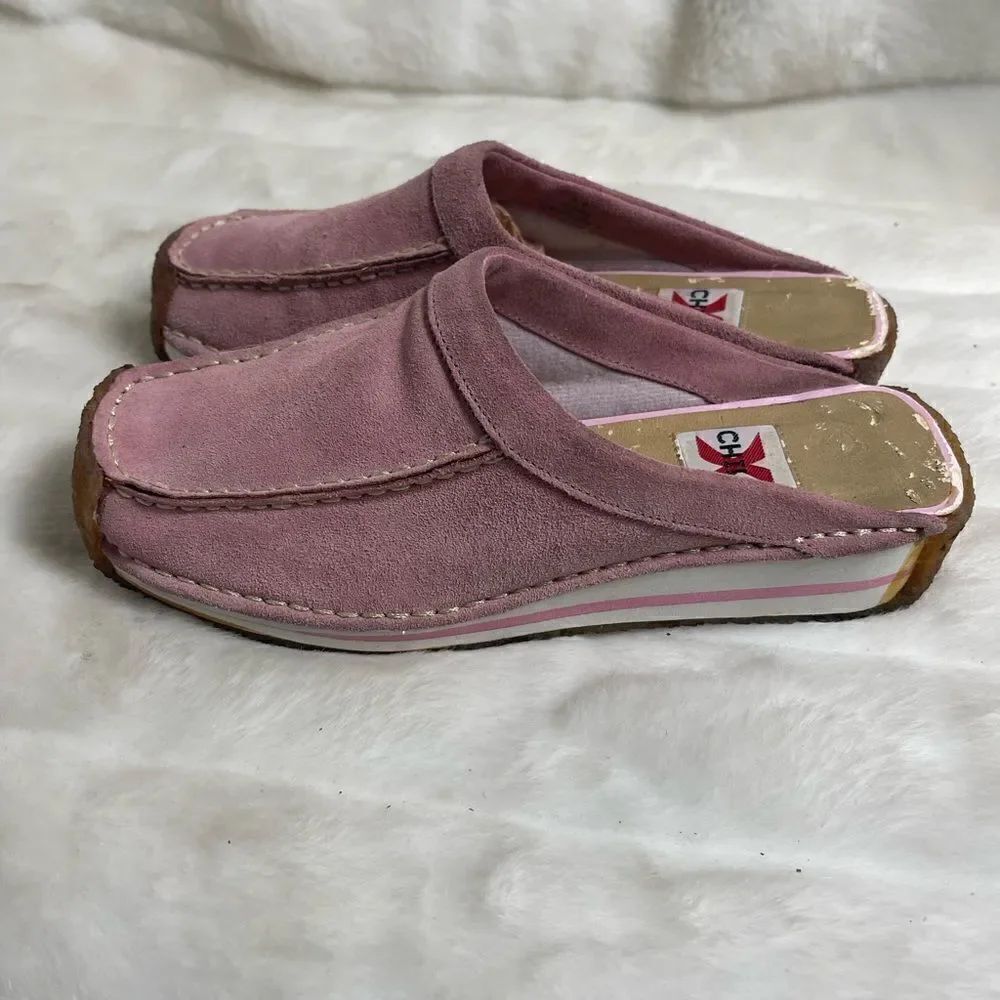 Chilis Bobbie leather suede pink slip on clogs square toe rubber soles SZ8.5 M